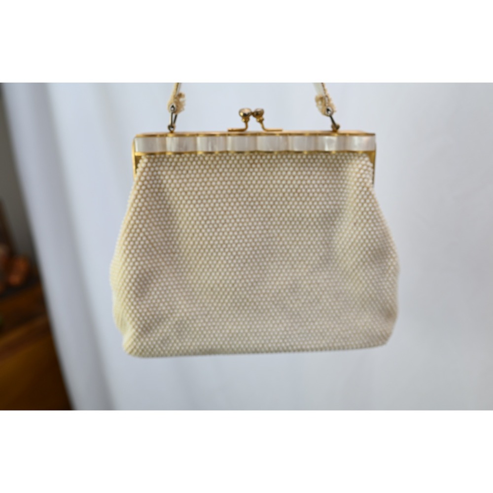 Vintage Faux Pearl Beaded Handbag Ivory Kiss Lock Evening Bag Hong Kong 10x8